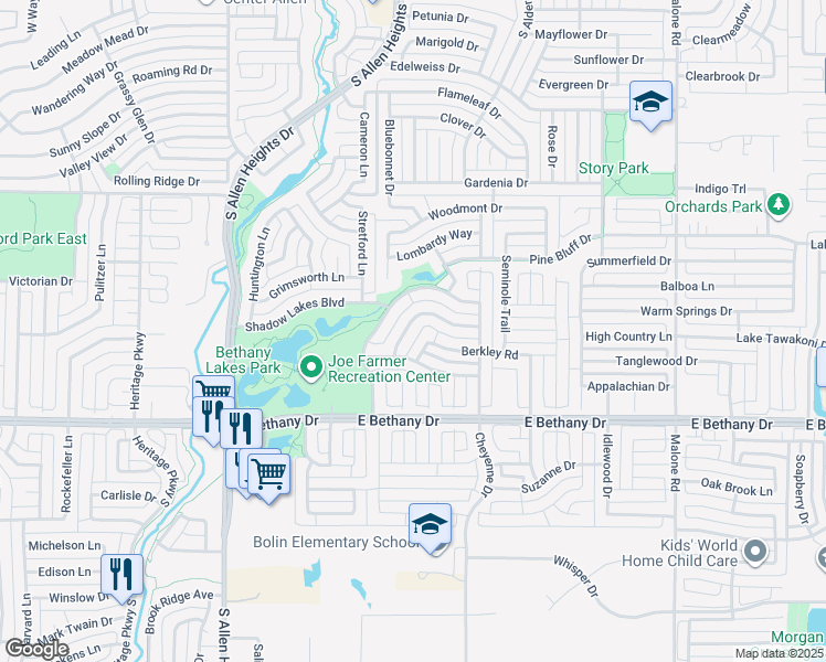 map of restaurants, bars, coffee shops, grocery stores, and more near 1316 Normandy Lane in Allen