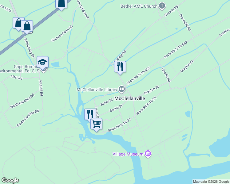map of restaurants, bars, coffee shops, grocery stores, and more near 201 Cassena Street in McClellanville
