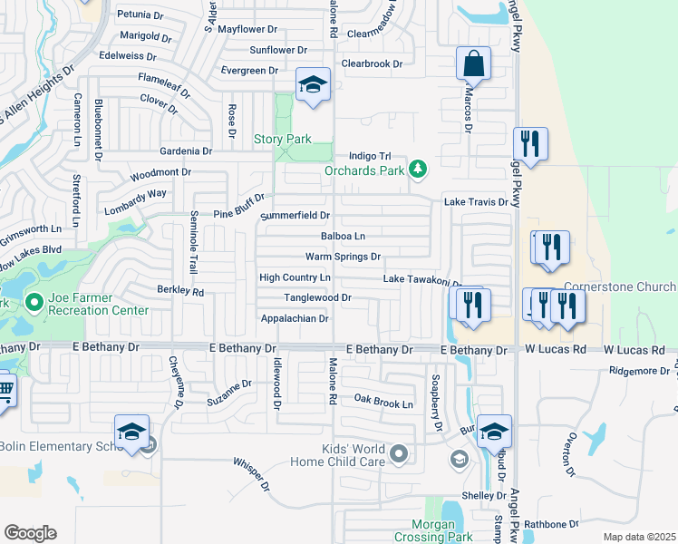 map of restaurants, bars, coffee shops, grocery stores, and more near 1601 Lake Tawakoni Drive in Allen