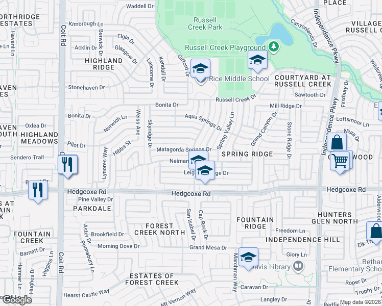map of restaurants, bars, coffee shops, grocery stores, and more near 3424 Matagorda Springs Drive in Plano