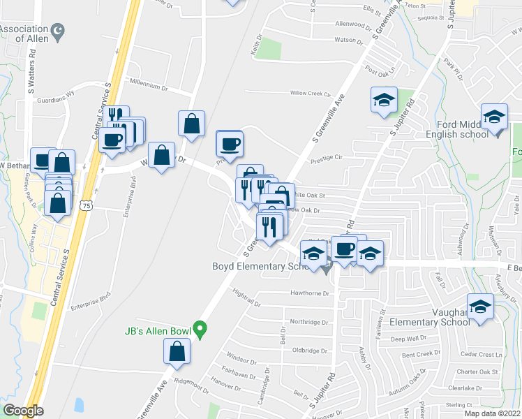 map of restaurants, bars, coffee shops, grocery stores, and more near 740 South Greenville Avenue in Allen