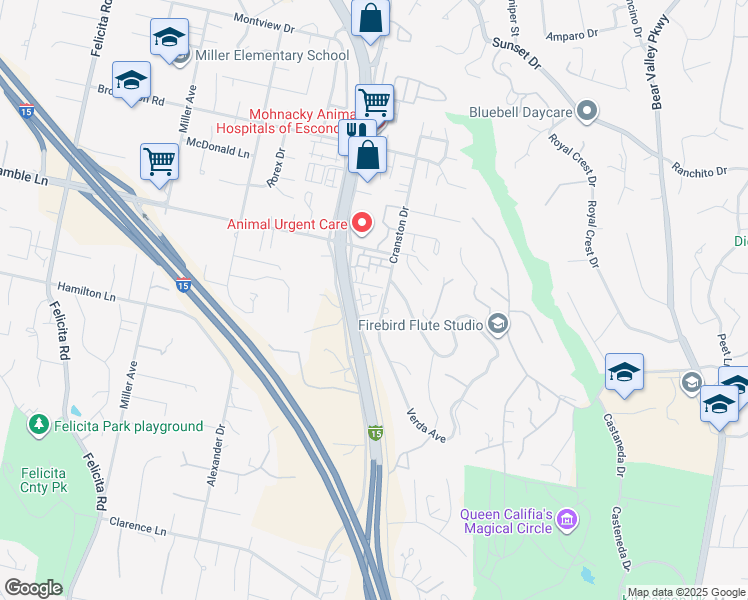 map of restaurants, bars, coffee shops, grocery stores, and more near 2632 Buckwheat Glen in Escondido