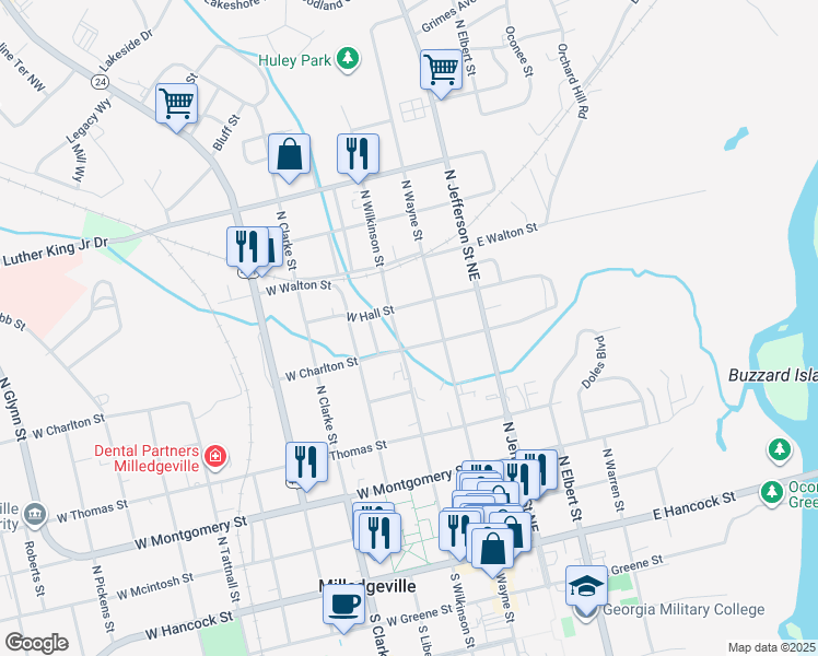 map of restaurants, bars, coffee shops, grocery stores, and more near 611 N Wilkinson St in Milledgeville