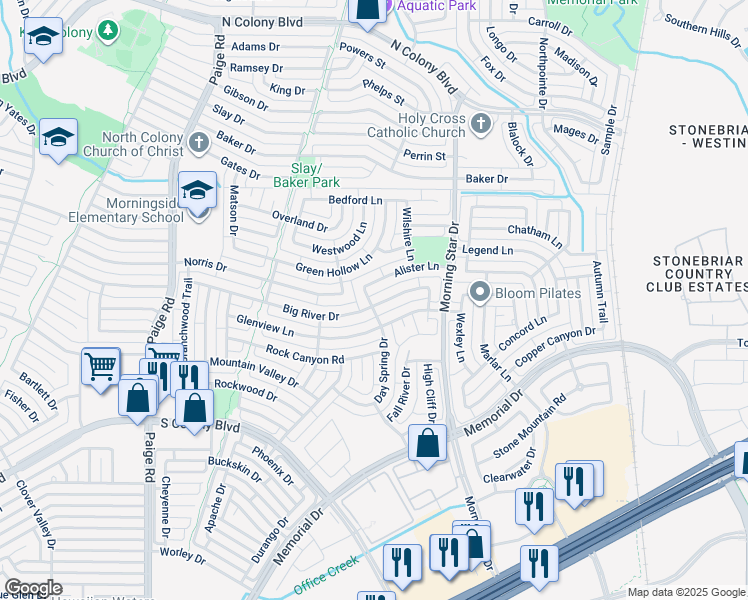 map of restaurants, bars, coffee shops, grocery stores, and more near 5700 Big River Drive in The Colony