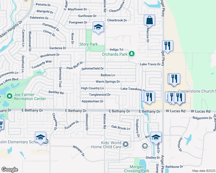 map of restaurants, bars, coffee shops, grocery stores, and more near 1601 Lake Tawakoni Drive in Allen