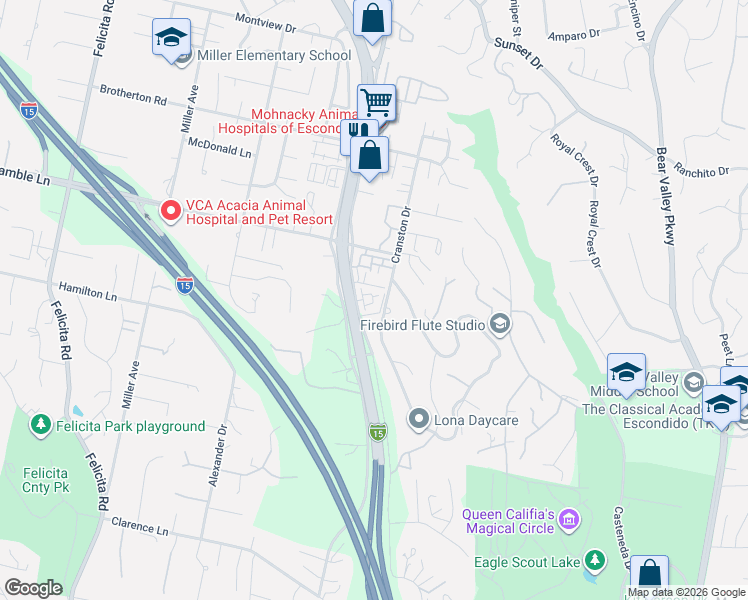 map of restaurants, bars, coffee shops, grocery stores, and more near 2632 Buckwheat Glen in Escondido