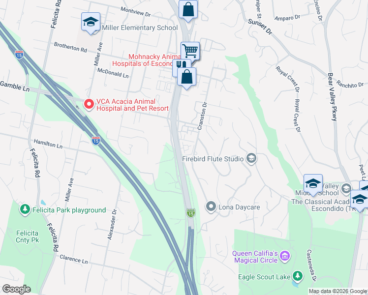 map of restaurants, bars, coffee shops, grocery stores, and more near 2628 Rockrose Glen in Escondido