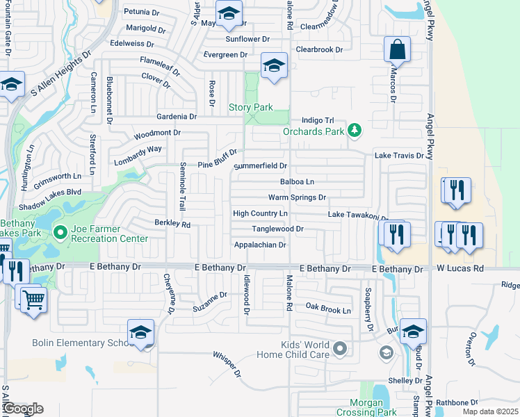map of restaurants, bars, coffee shops, grocery stores, and more near 1517 High Country Lane in Allen