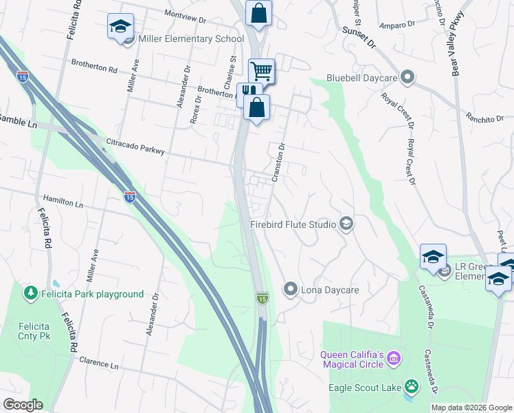 map of restaurants, bars, coffee shops, grocery stores, and more near 2627 Buckwheat Glen in Escondido