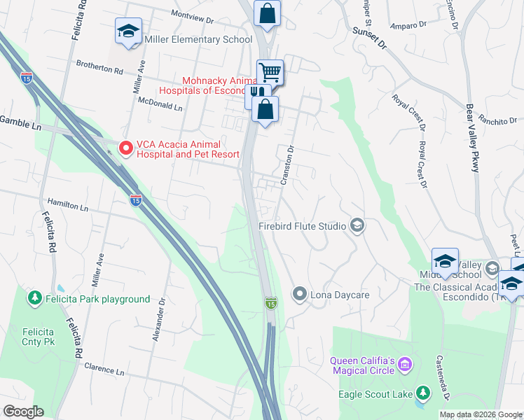 map of restaurants, bars, coffee shops, grocery stores, and more near 2628 Rockrose Glen in Escondido