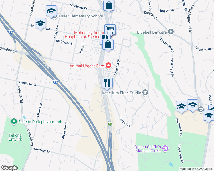 map of restaurants, bars, coffee shops, grocery stores, and more near 2608 South Escondido Boulevard in Escondido