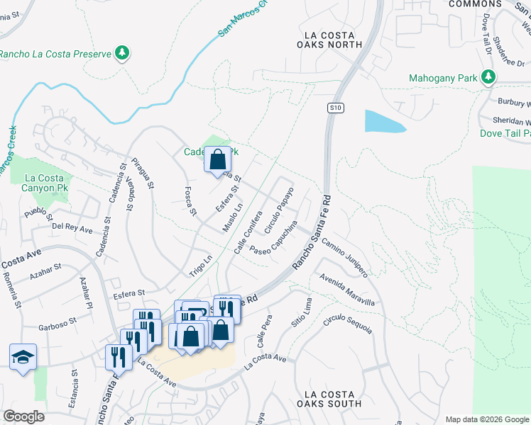 map of restaurants, bars, coffee shops, grocery stores, and more near 7308 Calle Conifera in Carlsbad