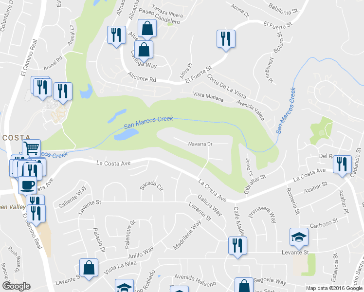 map of restaurants, bars, coffee shops, grocery stores, and more near 2523 Navarra Drive in Carlsbad
