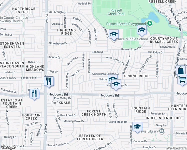 map of restaurants, bars, coffee shops, grocery stores, and more near 3616 Matagorda Springs Drive in Plano