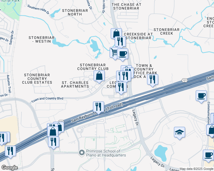 map of restaurants, bars, coffee shops, grocery stores, and more near 5275 Town and Country Boulevard in Frisco