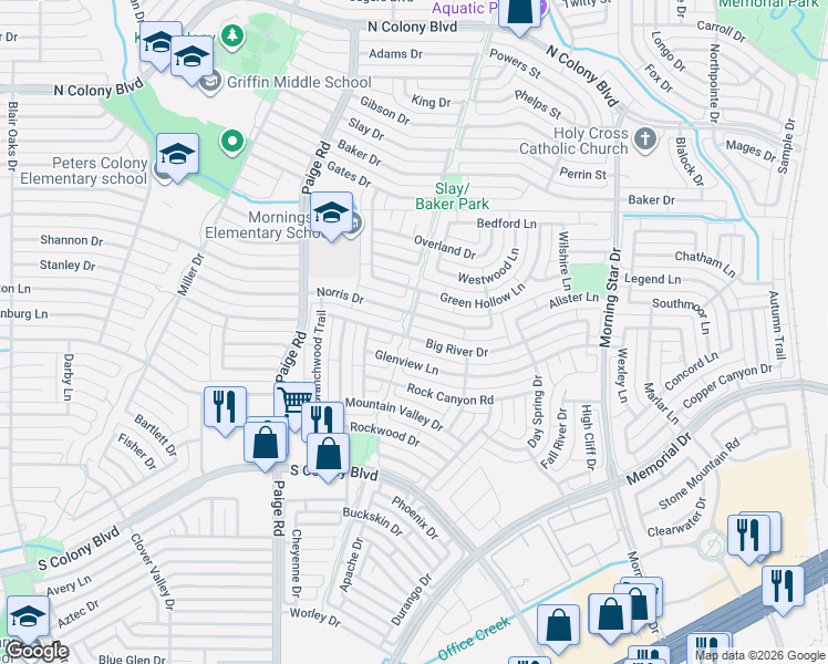 map of restaurants, bars, coffee shops, grocery stores, and more near 5524 Big River Drive in The Colony