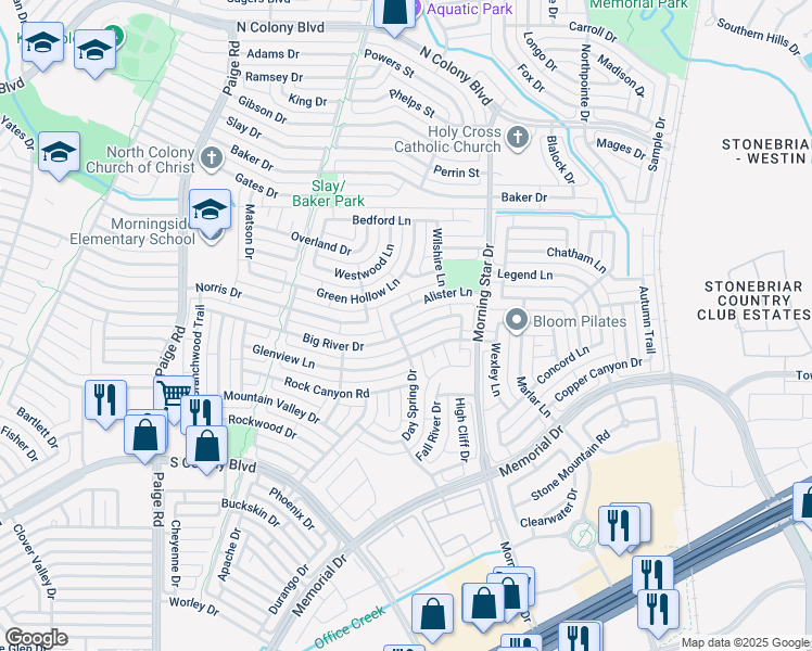 map of restaurants, bars, coffee shops, grocery stores, and more near 5700 Big River Drive in The Colony