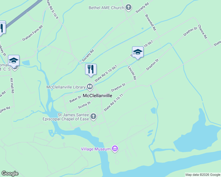 map of restaurants, bars, coffee shops, grocery stores, and more near 328 Drayton Street in McClellanville