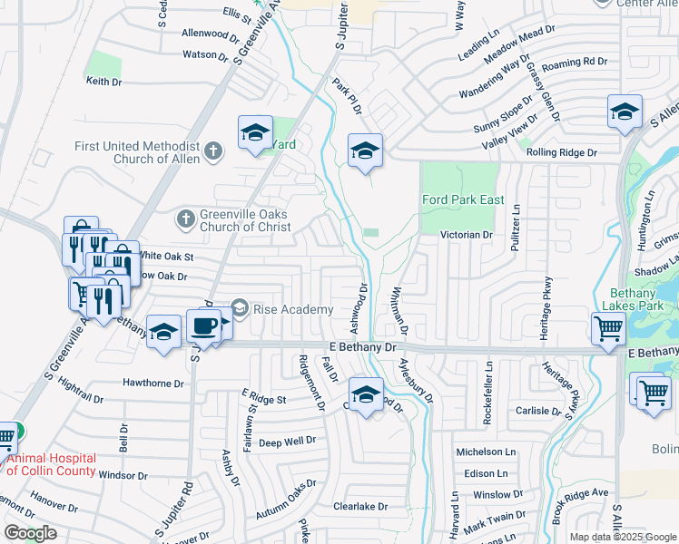 map of restaurants, bars, coffee shops, grocery stores, and more near 806 Ashwood Drive in Allen