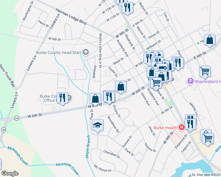 map of restaurants, bars, coffee shops, grocery stores, and more near 521 West 7th Street in Waynesboro