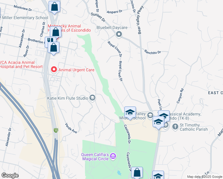 map of restaurants, bars, coffee shops, grocery stores, and more near 2609 Auralie Drive in Escondido