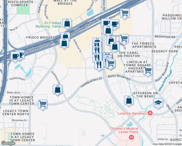 map of restaurants, bars, coffee shops, grocery stores, and more near 5151 Headquarters Drive in Plano