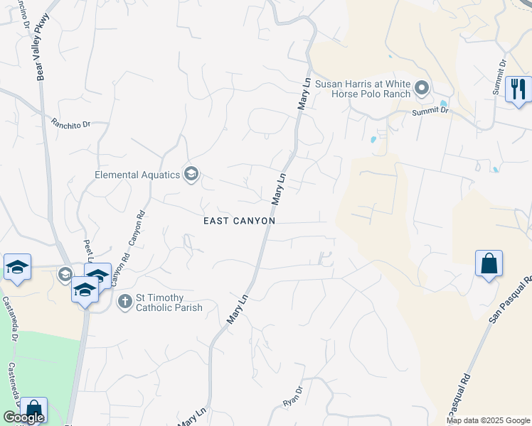 map of restaurants, bars, coffee shops, grocery stores, and more near 2853 Mary Lane in Escondido
