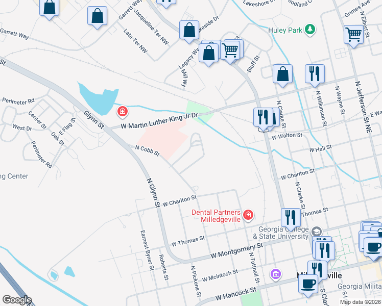 map of restaurants, bars, coffee shops, grocery stores, and more near 728 Matheson Road in Milledgeville