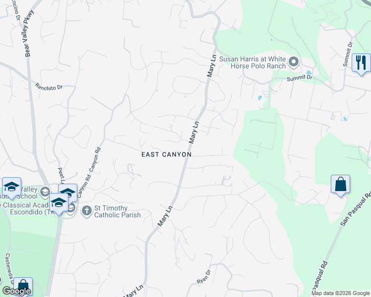 map of restaurants, bars, coffee shops, grocery stores, and more near 2853 Mary Lane in Escondido