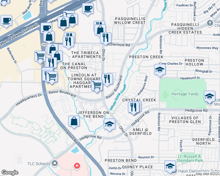 map of restaurants, bars, coffee shops, grocery stores, and more near 8105 Rasor Boulevard in Plano
