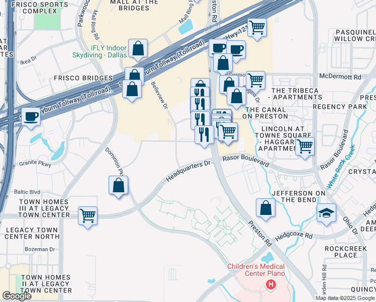 map of restaurants, bars, coffee shops, grocery stores, and more near 5000 Headquarters Dr in Plano