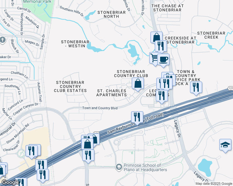 map of restaurants, bars, coffee shops, grocery stores, and more near 5200 Town and Country Boulevard in Frisco