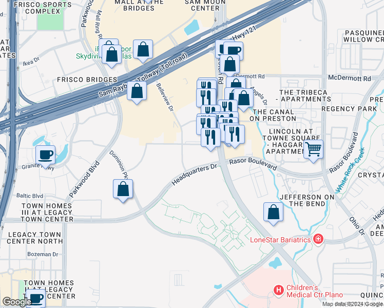 map of restaurants, bars, coffee shops, grocery stores, and more near 5151 Headquarters Drive in Plano