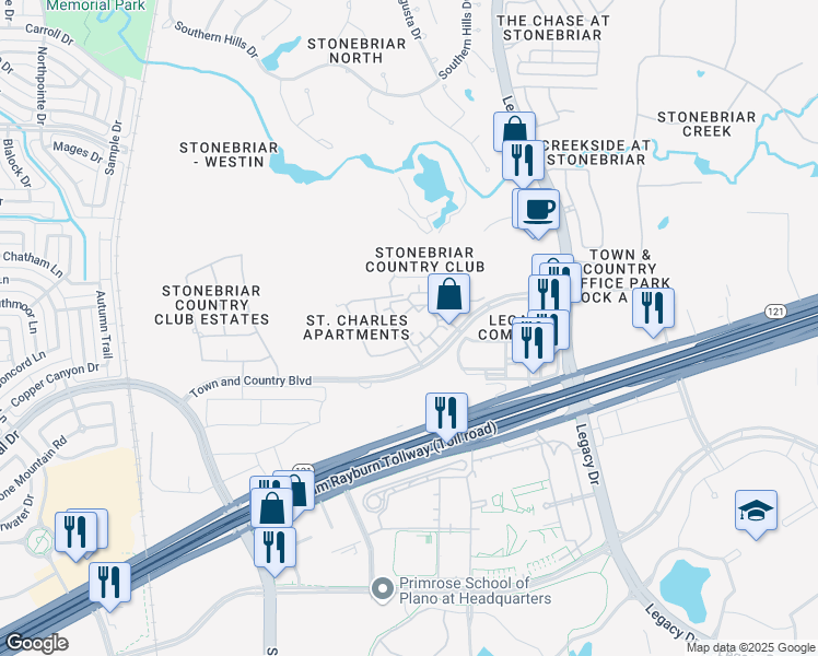 map of restaurants, bars, coffee shops, grocery stores, and more near 5250 Town and Country Boulevard in Frisco
