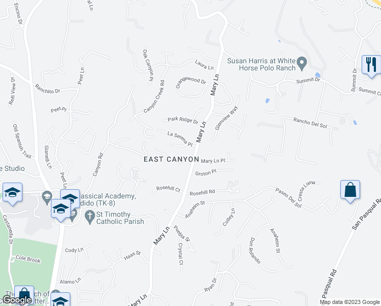 map of restaurants, bars, coffee shops, grocery stores, and more near 2853 Mary Lane in Escondido