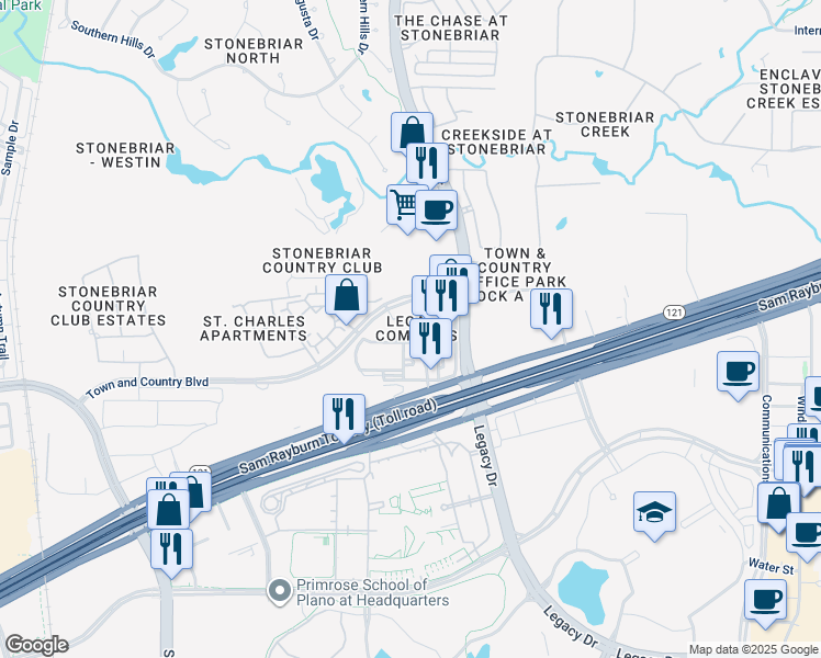 map of restaurants, bars, coffee shops, grocery stores, and more near 5275 Town and Country Boulevard in Frisco