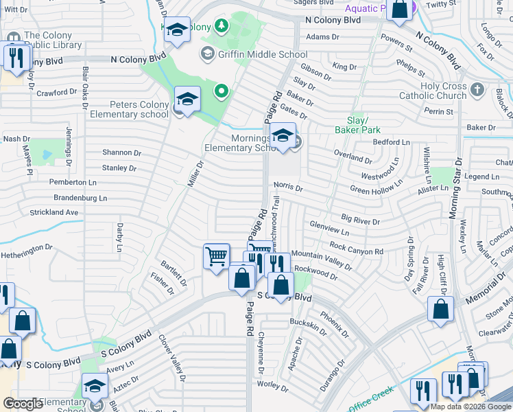 map of restaurants, bars, coffee shops, grocery stores, and more near 5345 Marsh Drive in The Colony