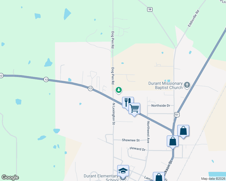 map of restaurants, bars, coffee shops, grocery stores, and more near 63 Dog Pen Road in Durant