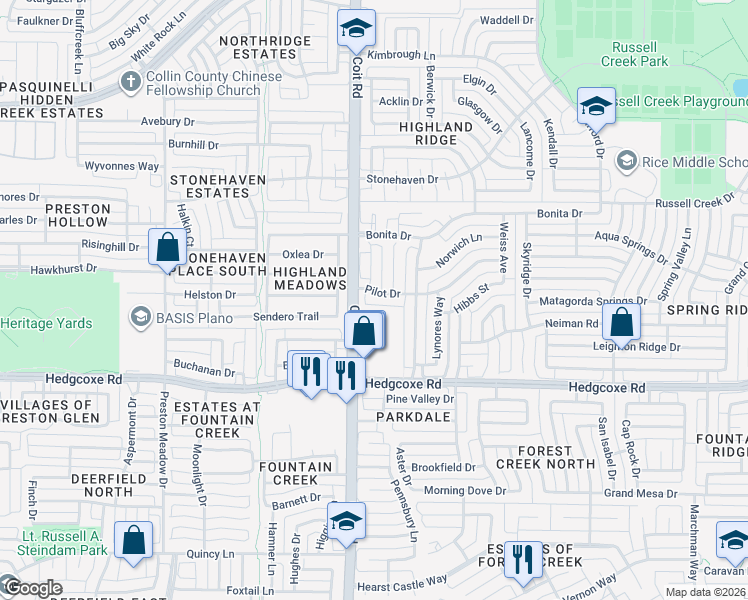 map of restaurants, bars, coffee shops, grocery stores, and more near 8100 Coit Road in Plano