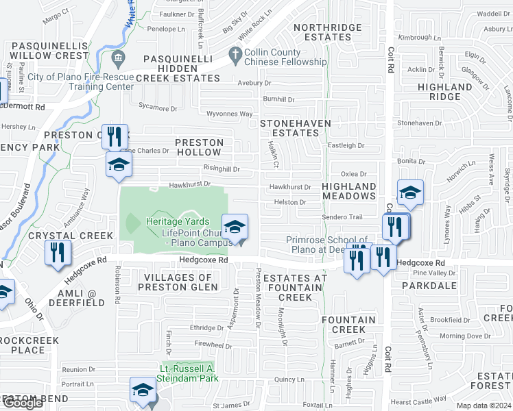 map of restaurants, bars, coffee shops, grocery stores, and more near 4500 Helston Drive in Plano