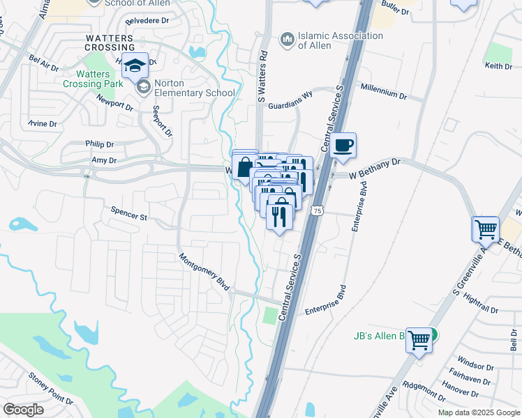 map of restaurants, bars, coffee shops, grocery stores, and more near 930 Garden Park Drive in Allen