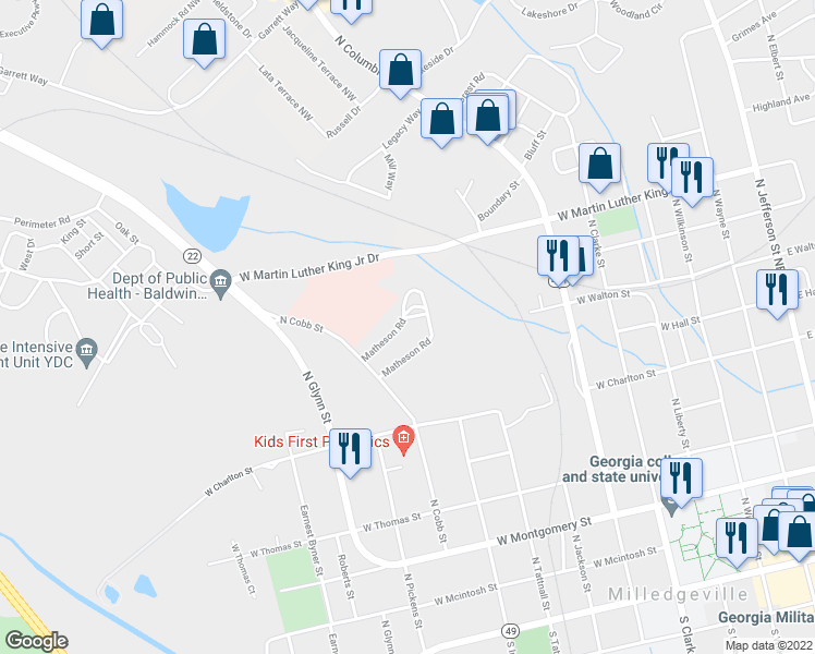 map of restaurants, bars, coffee shops, grocery stores, and more near 833 Matheson Road in Milledgeville