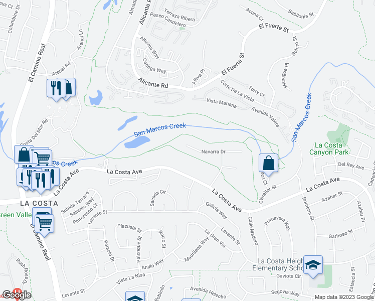 map of restaurants, bars, coffee shops, grocery stores, and more near 2507 Navarra Drive in Carlsbad