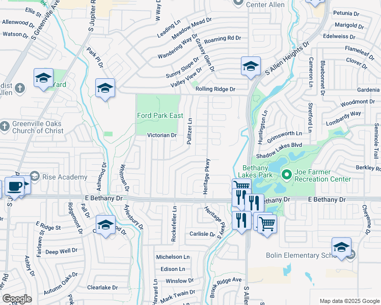 map of restaurants, bars, coffee shops, grocery stores, and more near 743 Pulitzer Lane in Allen