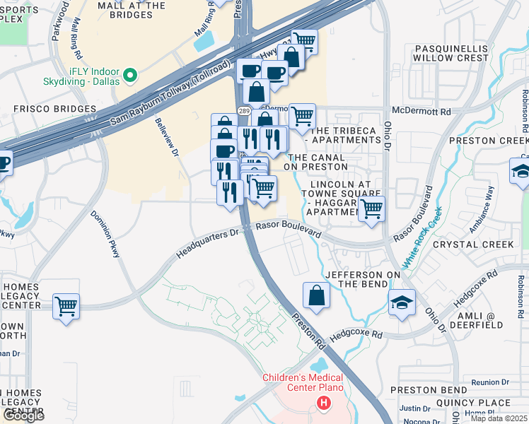 map of restaurants, bars, coffee shops, grocery stores, and more near 8200 Preston Road in Plano