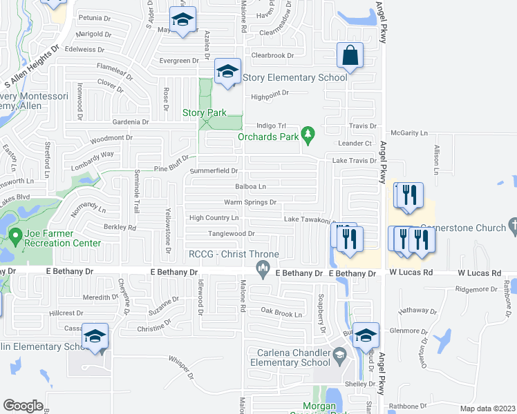 map of restaurants, bars, coffee shops, grocery stores, and more near 1601 Lake Tawakoni Drive in Allen
