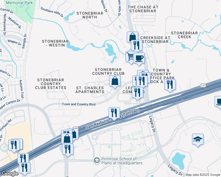map of restaurants, bars, coffee shops, grocery stores, and more near 5250 Town and Country Boulevard in Frisco