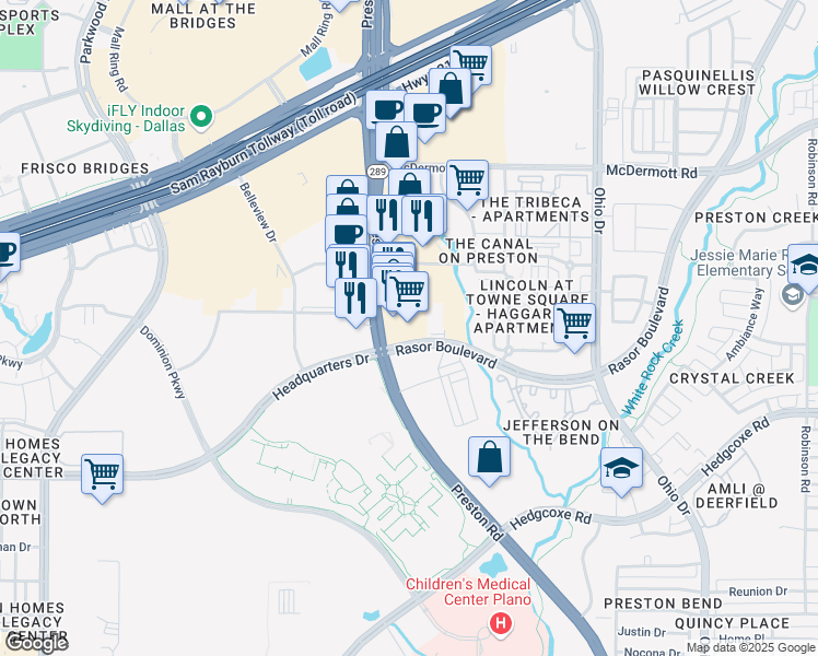 map of restaurants, bars, coffee shops, grocery stores, and more near 8200 Preston Road in Plano