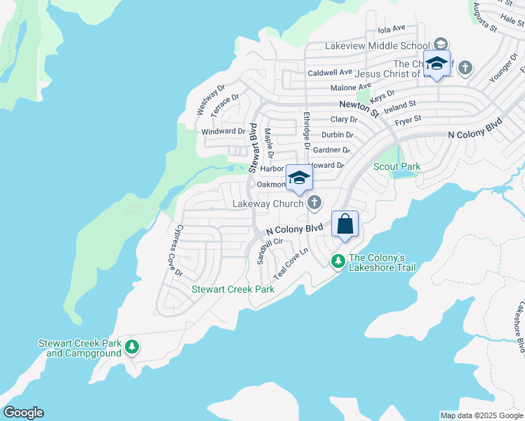 map of restaurants, bars, coffee shops, grocery stores, and more near 6000 Stewart Boulevard in The Colony
