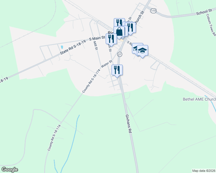 map of restaurants, bars, coffee shops, grocery stores, and more near 124 Maple St in Ridgeville